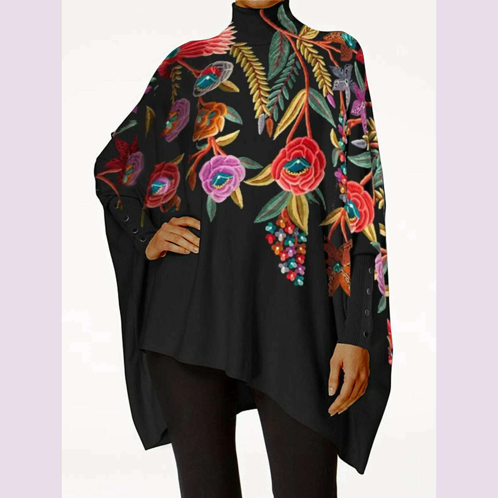 KIMLUD, Women's Plus Size Irregular Hem Blouse Fashion Retro Long Sleeve T-Shirt Turtleneck Casual Loose Asymmetrical Top 2024, KIMLUD Womens Clothes