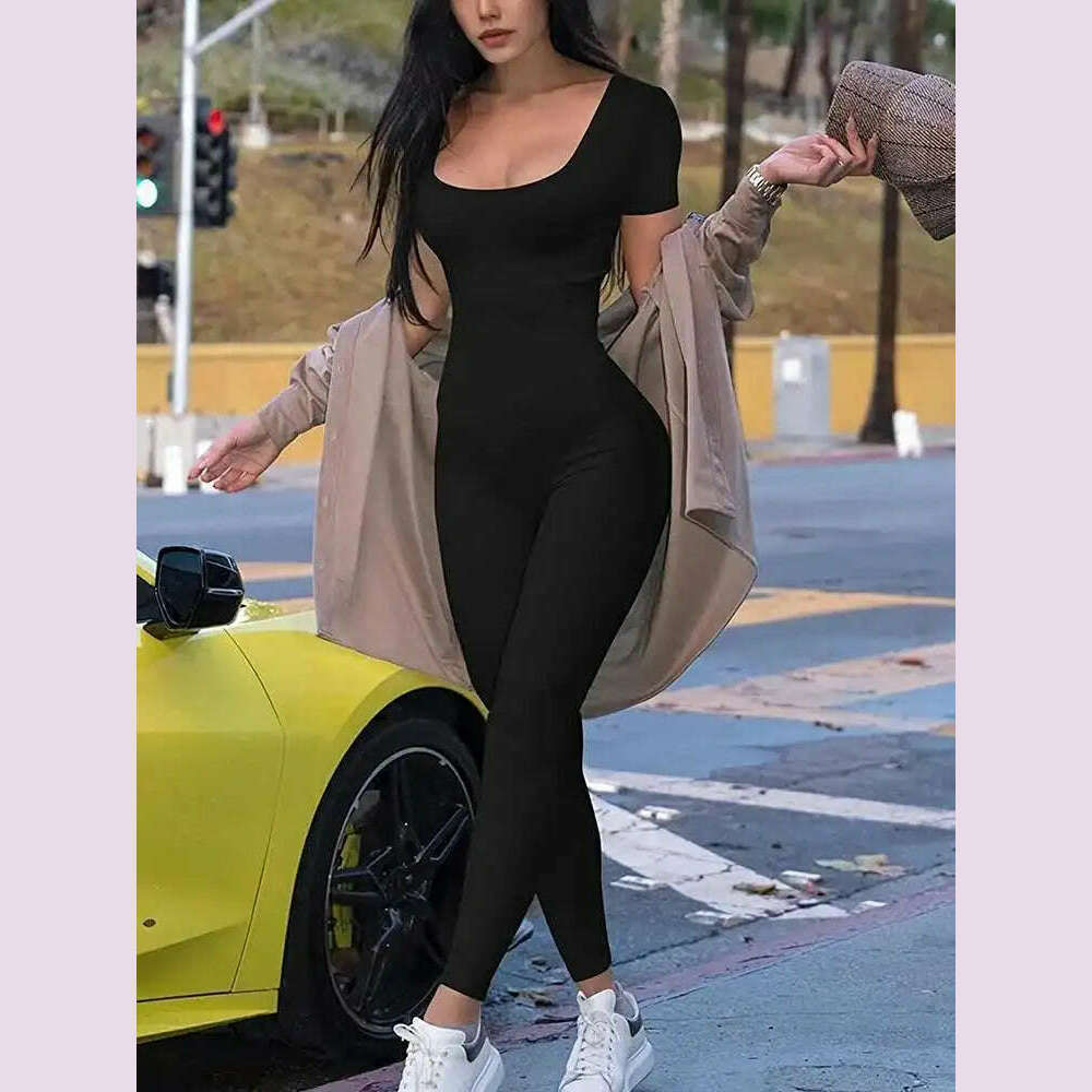 KIMLUD, Women's Rompers Short Sleeve Solid Skinny Bodycon Jumpsuits Fashion Sports Fiess Casual Activity Streetwear Overalls, black / 170, KIMLUD APPAREL - Womens Clothes