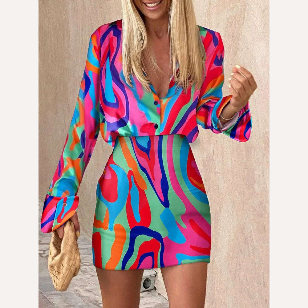 Women's Spring Autumn New Printed Shirt Long Sleeve Set Fashion Slim Elegant Female Office Dresses Mini Skirt 2 Piece Set 2023 - KIMLUD