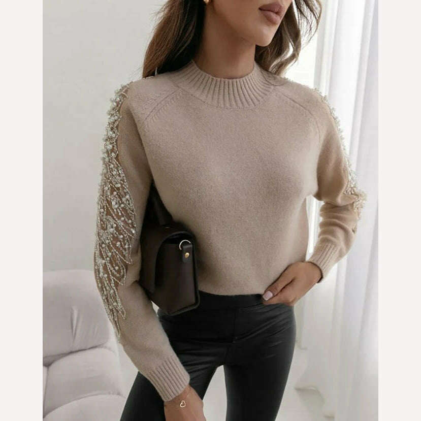 Women's Sweater Autumn Fashion Contrast Sequin Beaded Sheer Mesh Patch Casual Mock Neck Long Sleeve Daily Pullover Knit Sweater - KIMLUD