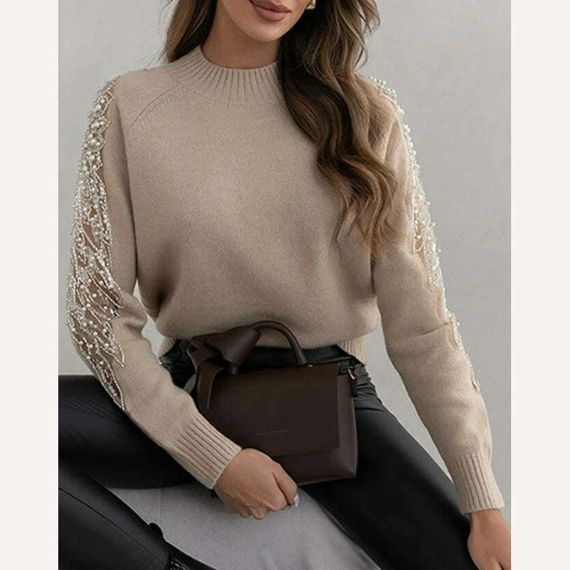 Women's Sweater Autumn Fashion Contrast Sequin Beaded Sheer Mesh Patch Casual Mock Neck Long Sleeve Daily Pullover Knit Sweater - KIMLUD