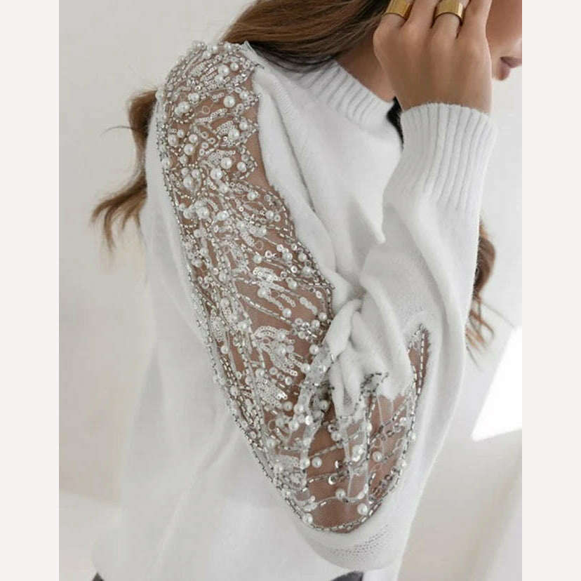 Women's Sweater Autumn Fashion Contrast Sequin Beaded Sheer Mesh Patch Casual Mock Neck Long Sleeve Daily Pullover Knit Sweater - KIMLUD
