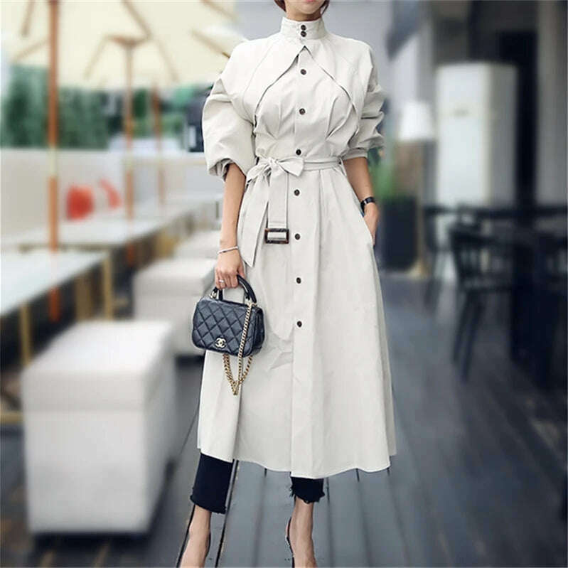 Women's Trench Coat with Sashes, Long Sleeve, Elegant, Whole Colored, Work Wear, Spring, Autumn, SL102 - KIMLUD