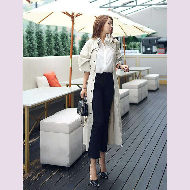Women's Trench Coat with Sashes, Long Sleeve, Elegant, Whole Colored, Work Wear, Spring, Autumn, SL102 - KIMLUD