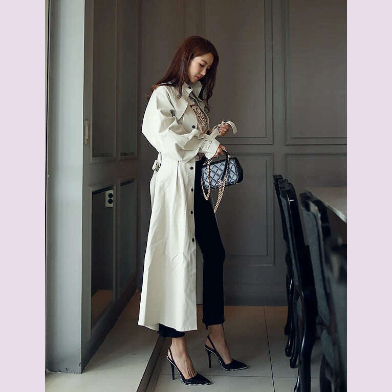 Women's Trench Coat with Sashes, Long Sleeve, Elegant, Whole Colored, Work Wear, Spring, Autumn, SL102 - KIMLUD