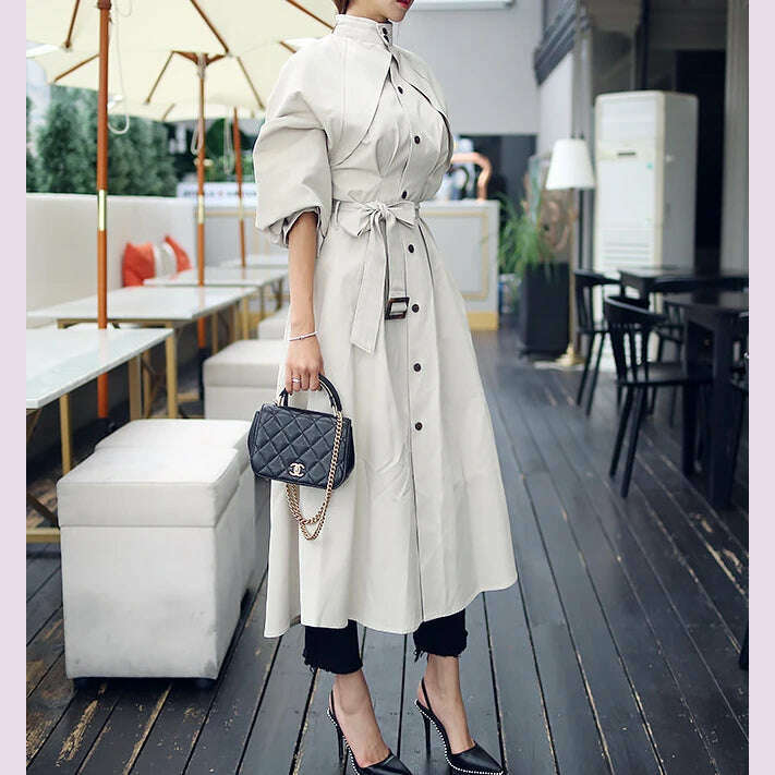 Women's Trench Coat with Sashes, Long Sleeve, Elegant, Whole Colored, Work Wear, Spring, Autumn, SL102 - KIMLUD