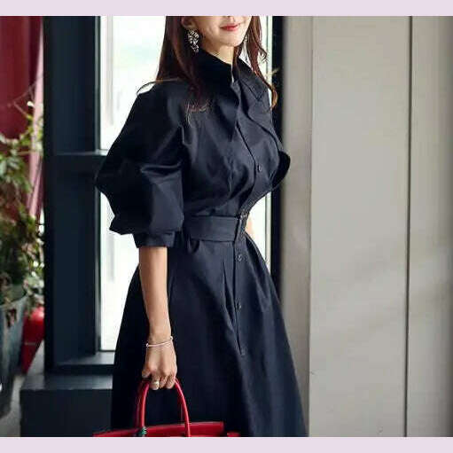 Women's Trench Coat with Sashes, Long Sleeve, Elegant, Whole Colored, Work Wear, Spring, Autumn, SL102 - KIMLUD