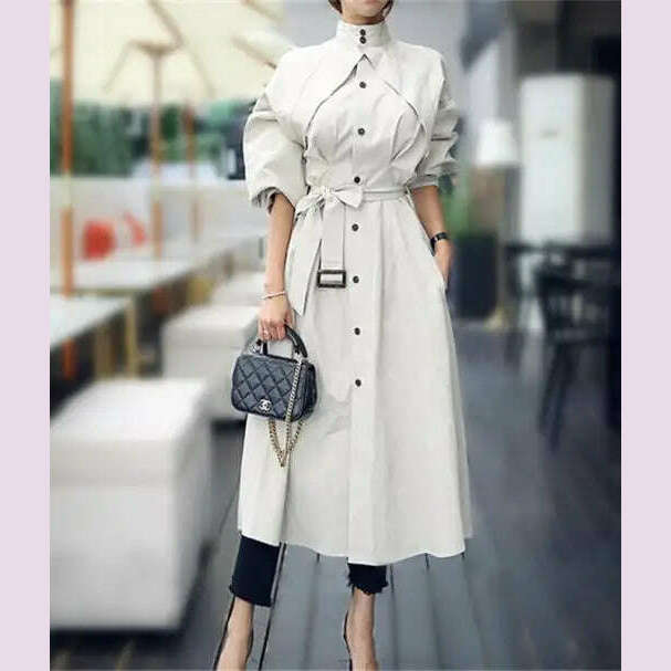 Women's Trench Coat with Sashes, Long Sleeve, Elegant, Whole Colored, Work Wear, Spring, Autumn, SL102 - KIMLUD