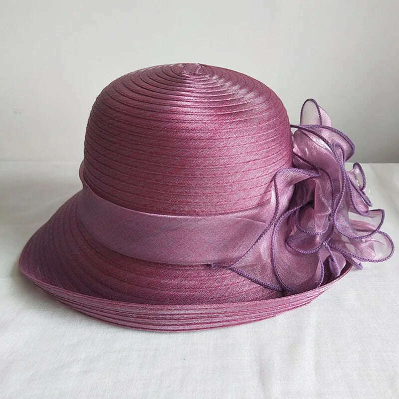 Womens Up-Turned Brim Organza Hats Wedding Occasion Wide Brim Sun Hat Kentucky Derby Summer Church Party Hats Dressy Millinery - KIMLUD