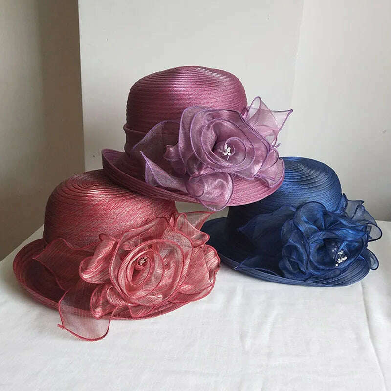 Womens Up-Turned Brim Organza Hats Wedding Occasion Wide Brim Sun Hat Kentucky Derby Summer Church Party Hats Dressy Millinery - KIMLUD