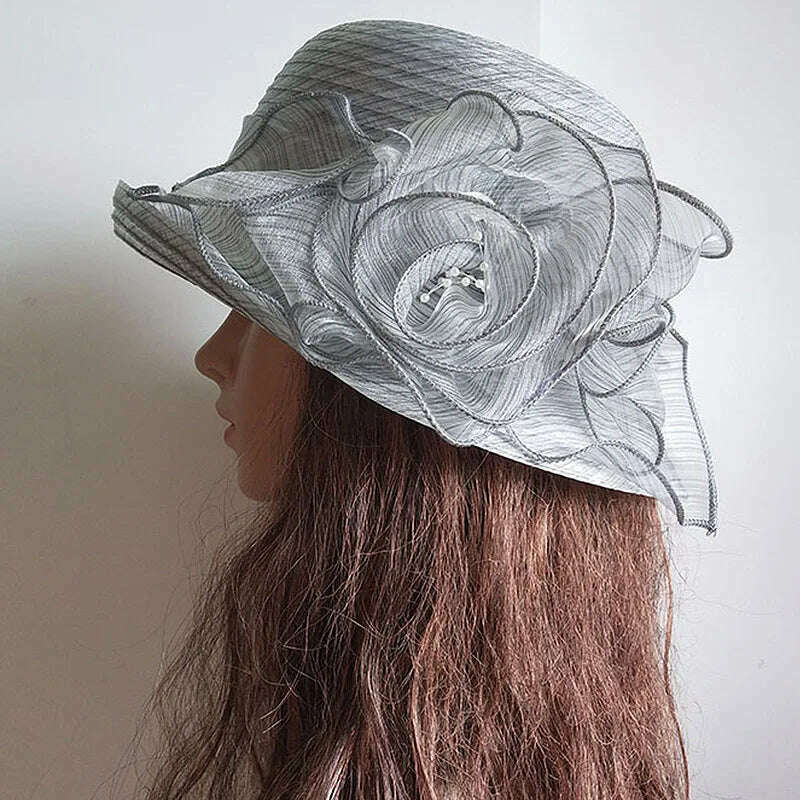 Womens Up-Turned Brim Organza Hats Wedding Occasion Wide Brim Sun Hat Kentucky Derby Summer Church Party Hats Dressy Millinery - KIMLUD