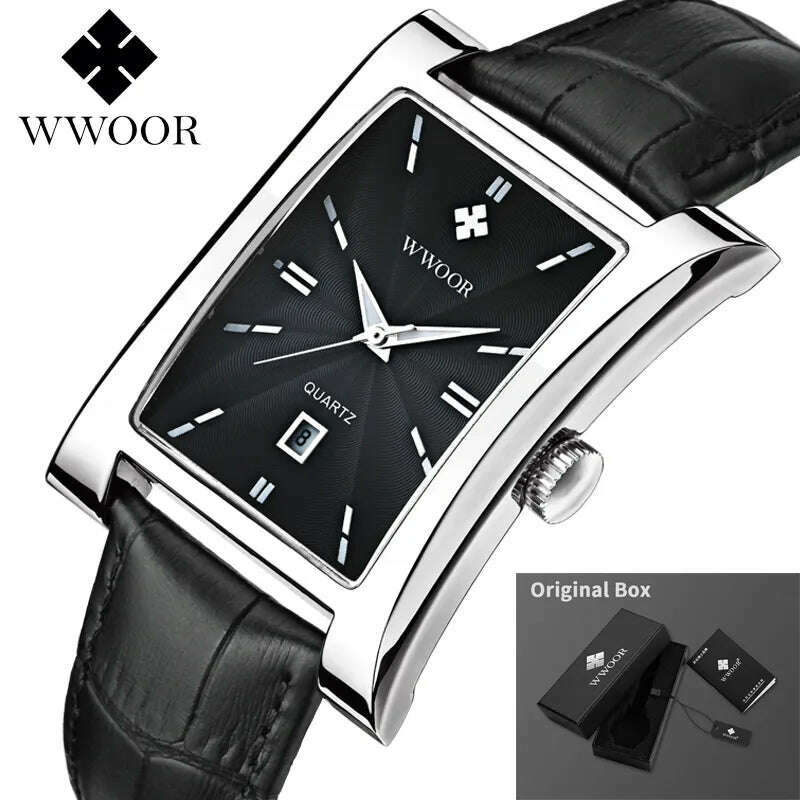 KIMLUD, WWOOR Brand Classic Fashion Mens Rectangle Watches Male Gold Brown Leather Quartz Waterproof Wrist Watch For Men Calendar Clocks, White Black, KIMLUD Womens Clothes