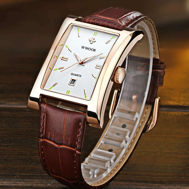 KIMLUD, WWOOR Brand Classic Fashion Mens Rectangle Watches Male Gold Brown Leather Quartz Waterproof Wrist Watch For Men Calendar Clocks, KIMLUD Womens Clothes