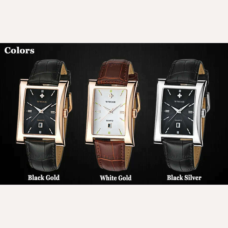 KIMLUD, WWOOR Brand Classic Fashion Mens Rectangle Watches Male Gold Brown Leather Quartz Waterproof Wrist Watch For Men Calendar Clocks, KIMLUD Womens Clothes