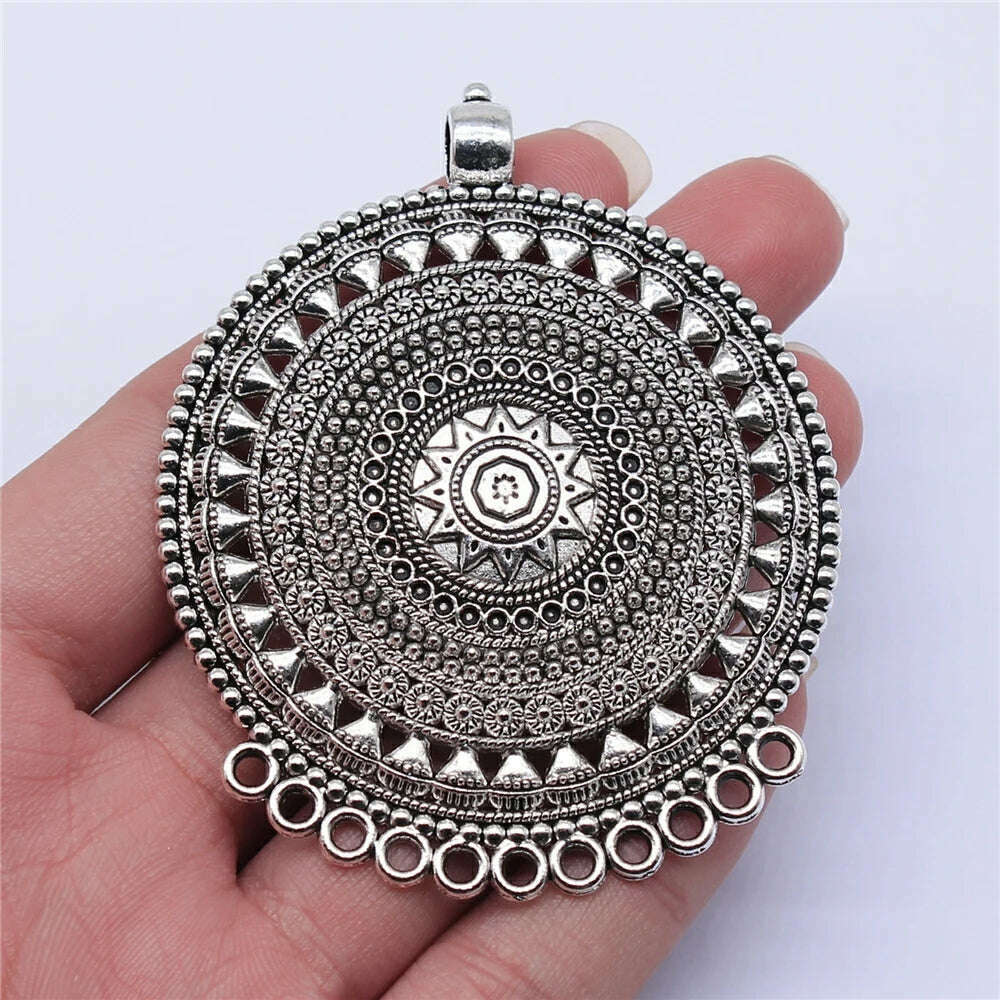 WYSIWYG 1pcs 74x60mm Antique Silver Color Carved Round Necklace Connector Charms Pendant For DIY Jewelry Findings - KIMLUD