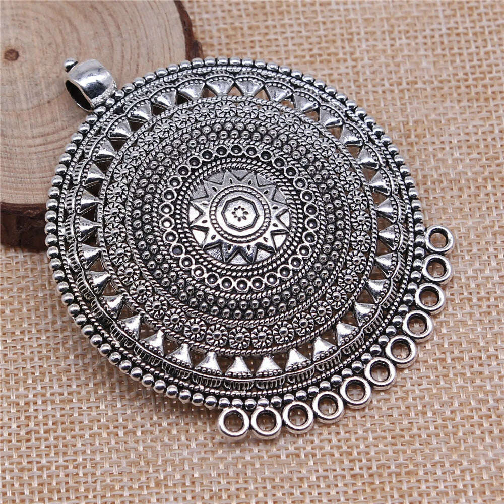 WYSIWYG 1pcs 74x60mm Antique Silver Color Carved Round Necklace Connector Charms Pendant For DIY Jewelry Findings - KIMLUD