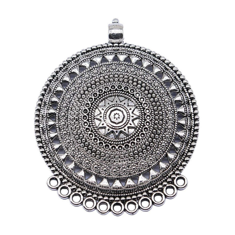 WYSIWYG 1pcs 74x60mm Antique Silver Color Carved Round Necklace Connector Charms Pendant For DIY Jewelry Findings - KIMLUD