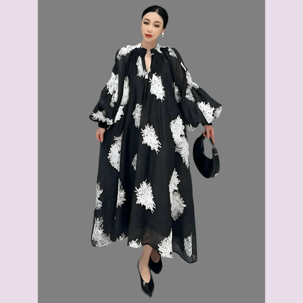 KIMLUD, XITAO Loose Print Dress Fashion Temperament Elegant Goddess Fan Women Autumn New Arrival V-neck Appear Thin Dress HQQ1452, KIMLUD Womens Clothes