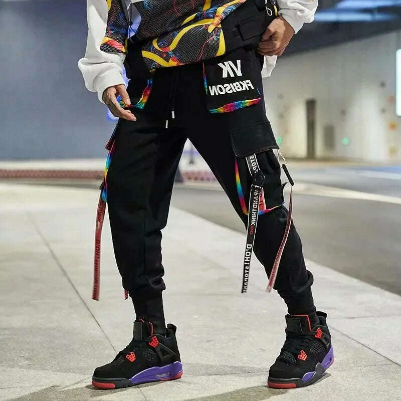 Y2K Joggers Cargo Pants For Men Casual Hip Hop Pocket Male Trousers Sweatpants Street Ribbons Techwear White Pant Pantalon Homme - KIMLUD
