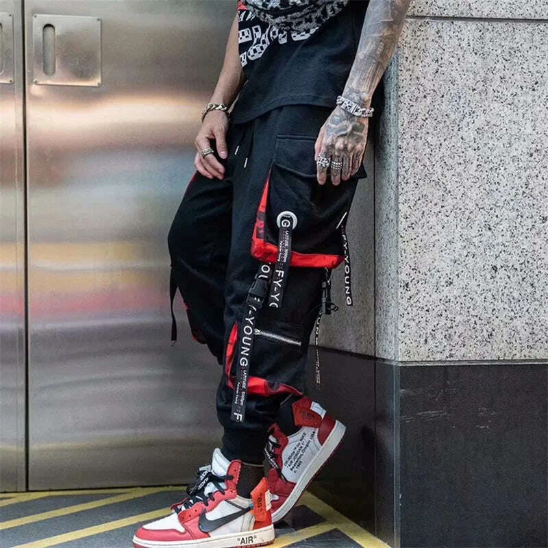 Y2K Joggers Cargo Pants For Men Casual Hip Hop Pocket Male Trousers Sweatpants Street Ribbons Techwear White Pant Pantalon Homme - KIMLUD