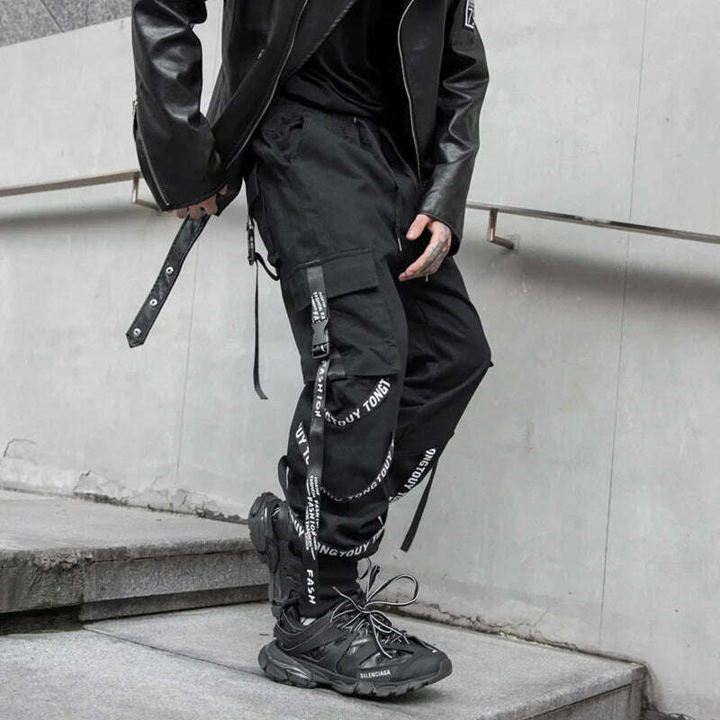 Y2K Joggers Cargo Pants For Men Casual Hip Hop Pocket Male Trousers Sweatpants Street Ribbons Techwear White Pant Pantalon Homme - KIMLUD