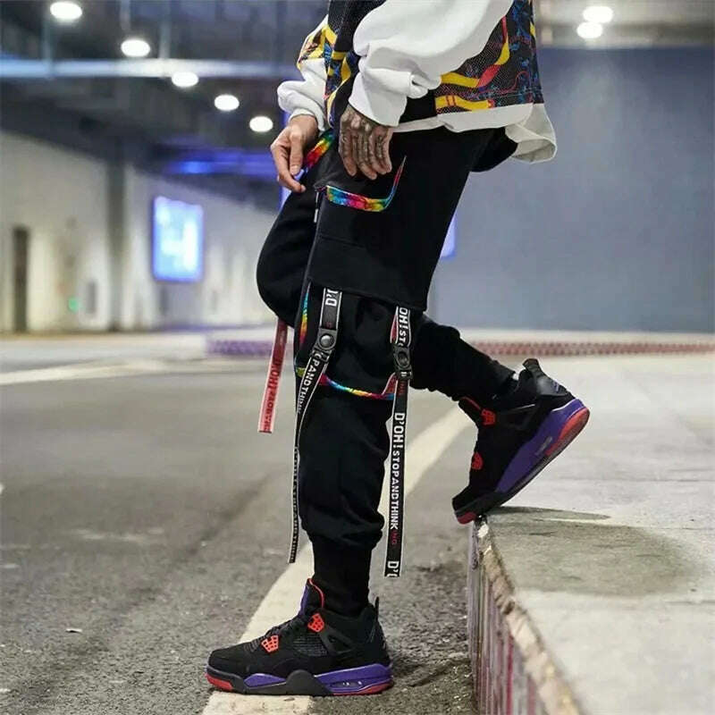 Y2K Joggers Cargo Pants For Men Casual Hip Hop Pocket Male Trousers Sweatpants Street Ribbons Techwear White Pant Pantalon Homme - KIMLUD