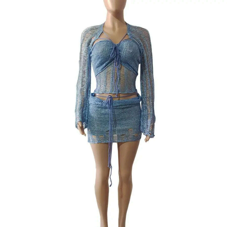 Y2k Sequined Two Piece Knitting Set Women Hollow Out Crop Top Luxury Wrap Dress 2023 Fashion Club Cloth Female 2 Piece Skirt Set - KIMLUD