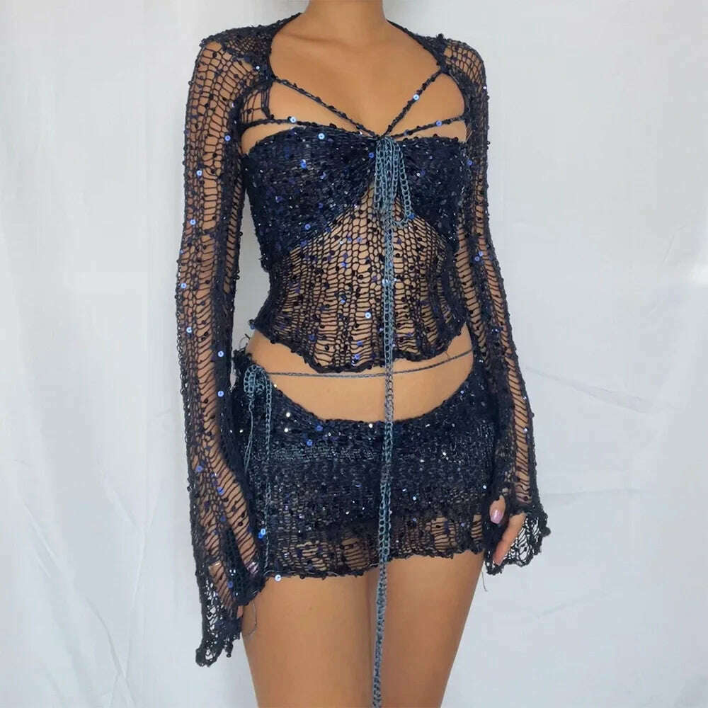 Y2k Sequined Two Piece Knitting Set Women Hollow Out Crop Top Luxury Wrap Dress 2023 Fashion Club Cloth Female 2 Piece Skirt Set - KIMLUD