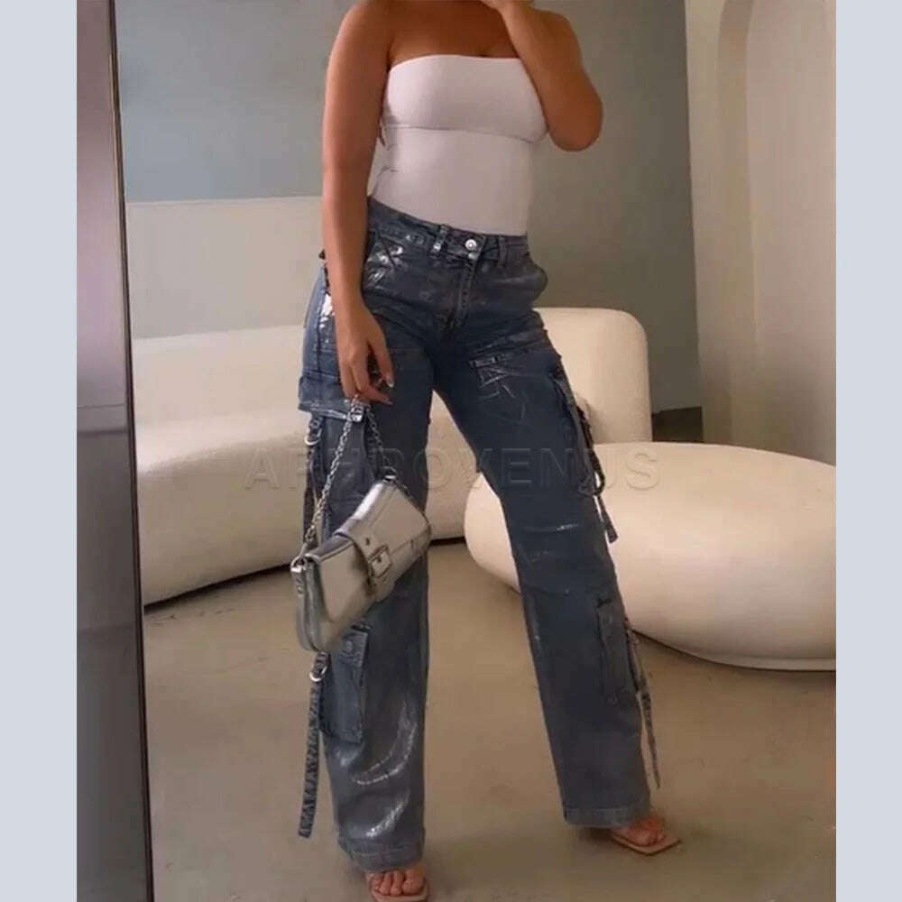 y2k Straight Pockets Hip Hop Trousers High Waist Jeans Women Fashion Silver Shiny Print Loose Wide Leg Denim Pants Streetwear - KIMLUD