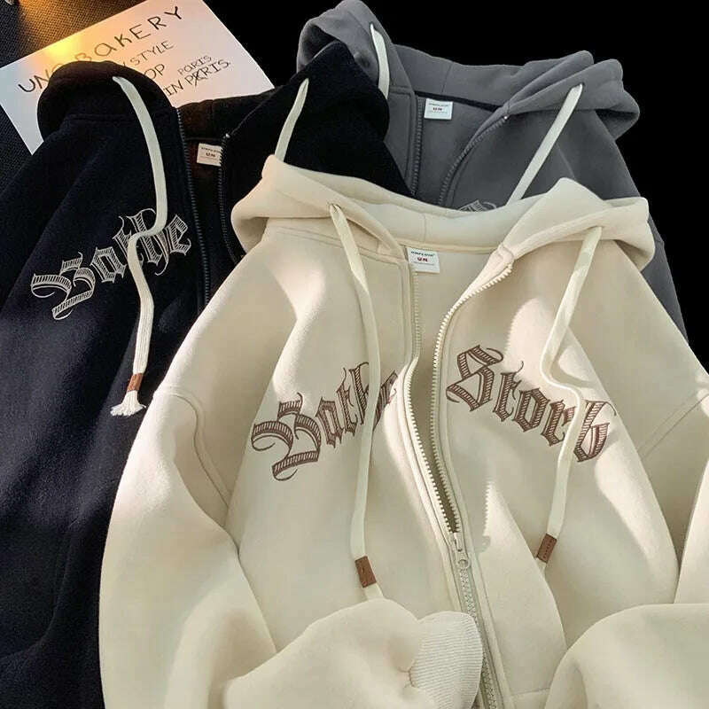 Y2k Women Vintage Zip Up Hoodies Harajuku Casual Letter Print Drawstring Hooded Sweatshirts Korean Goth Streetwear Jackets Coats - KIMLUD