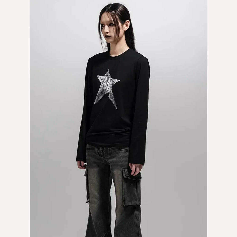 KIMLUD, Yedinas American Retro Print Star Graphic Tees Long Sleeve T Shirt Women Tops Autumn 2023 Korean Fashion Y2k Vintage Slim Tees, KIMLUD Womens Clothes