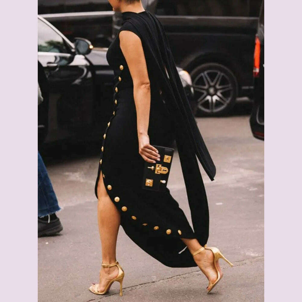 KIMLUD, Yeezzi Urban Lady Fashion Shawl Collar Elegant Evening A-line Dress 2025 Summer Sleeveless Split-Side Buttons Vintage Dresses, KIMLUD Womens Clothes