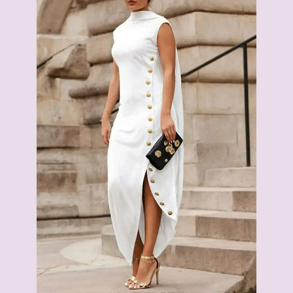 KIMLUD, Yeezzi Urban Lady Fashion Shawl Collar Elegant Evening A-line Dress 2025 Summer Sleeveless Split-Side Buttons Vintage Dresses, KIMLUD Womens Clothes