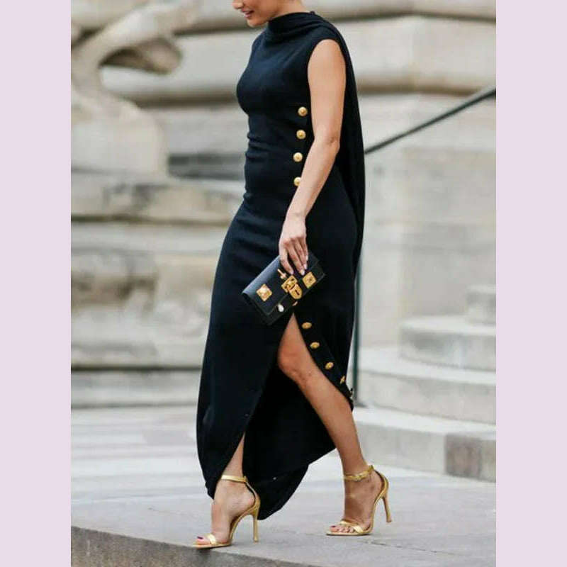 KIMLUD, Yeezzi Urban Lady Fashion Shawl Collar Elegant Evening A-line Dress 2025 Summer Sleeveless Split-Side Buttons Vintage Dresses, KIMLUD Womens Clothes