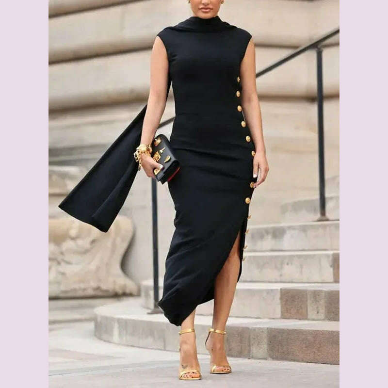 KIMLUD, Yeezzi Urban Lady Fashion Shawl Collar Elegant Evening A-line Dress 2025 Summer Sleeveless Split-Side Buttons Vintage Dresses, KIMLUD Womens Clothes