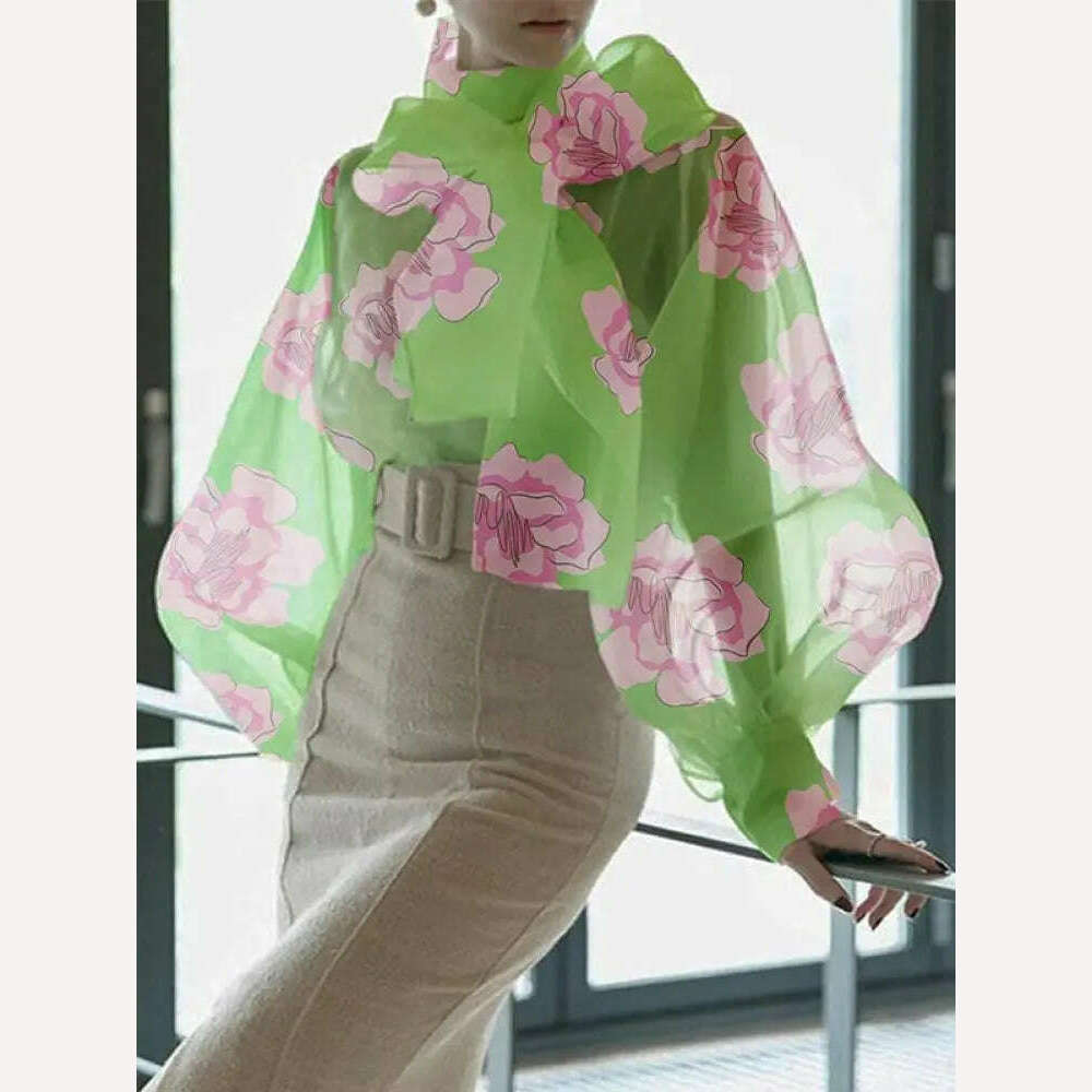 Yeezzi Women Stylish Bow-Embellished Floral Printed See-Through Stand Collar Blouses 2023 Summer Loose Puff Sleeves Shirts Tops - KIMLUD