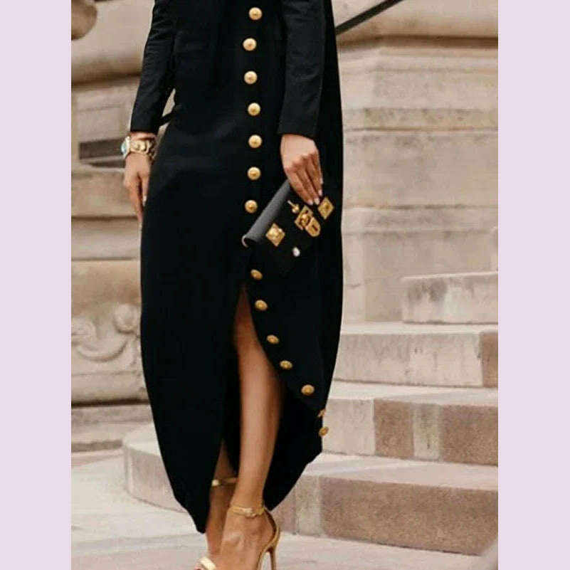 Yeezzi Women's Fashion Buttoned Split-Side High Neck Black Dress 2024 New Long Sleeves Loose Urban Office Commute Maxi Dresses - KIMLUD