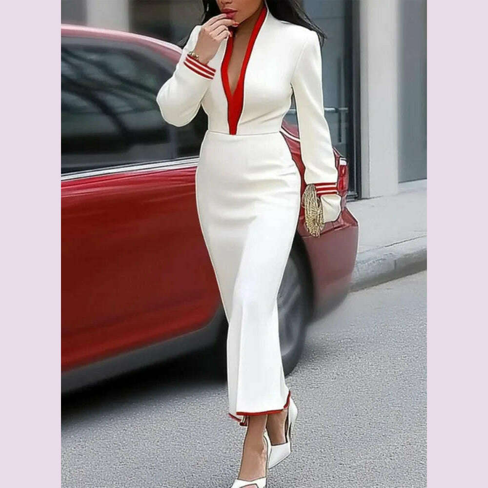 Yeezzi Women's Fashion Contrast Color Deep V-Neck Evening Maxi Dresses 2025 New Autumn Long Sleeves Sexy Prom Party A-line Dress - KIMLUD