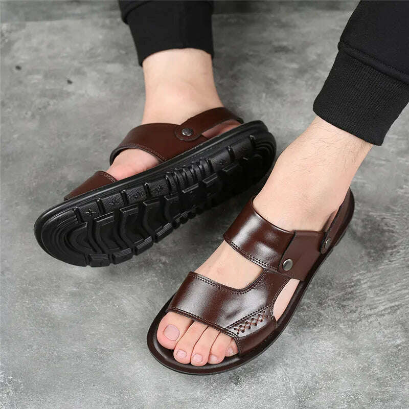 Yomior New 2020 Summer Men Shoes Flats Vintage British Slip-On Genuine Leather Casual Non-slip Beach Sandals Slippers Flip Flop - KIMLUD