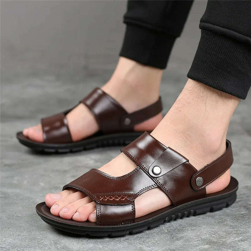 Yomior New 2020 Summer Men Shoes Flats Vintage British Slip-On Genuine Leather Casual Non-slip Beach Sandals Slippers Flip Flop - KIMLUD