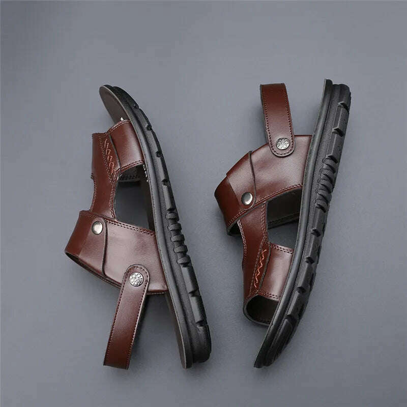 Yomior New 2020 Summer Men Shoes Flats Vintage British Slip-On Genuine Leather Casual Non-slip Beach Sandals Slippers Flip Flop - KIMLUD