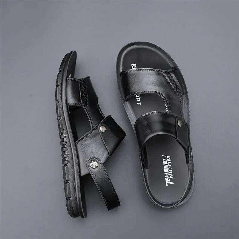 Yomior New 2020 Summer Men Shoes Flats Vintage British Slip-On Genuine Leather Casual Non-slip Beach Sandals Slippers Flip Flop - KIMLUD