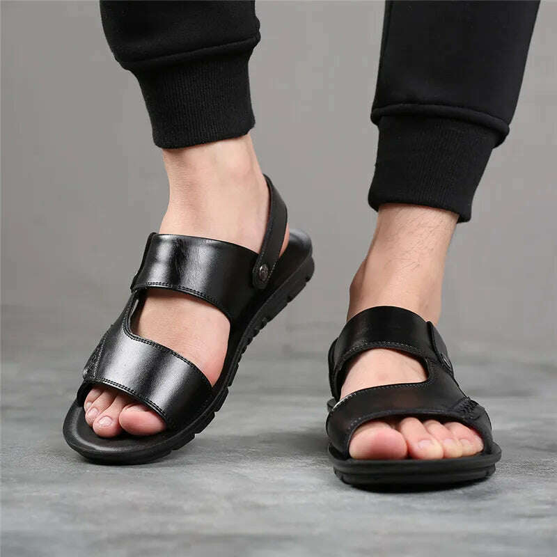 Yomior New 2020 Summer Men Shoes Flats Vintage British Slip-On Genuine Leather Casual Non-slip Beach Sandals Slippers Flip Flop - KIMLUD