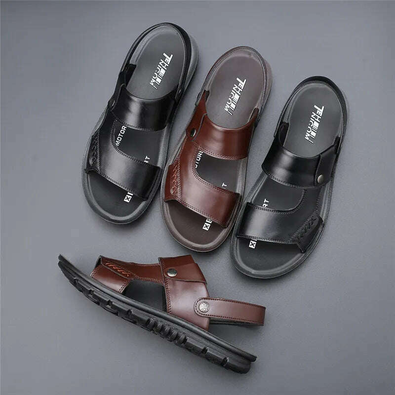 Yomior New 2020 Summer Men Shoes Flats Vintage British Slip-On Genuine Leather Casual Non-slip Beach Sandals Slippers Flip Flop - KIMLUD