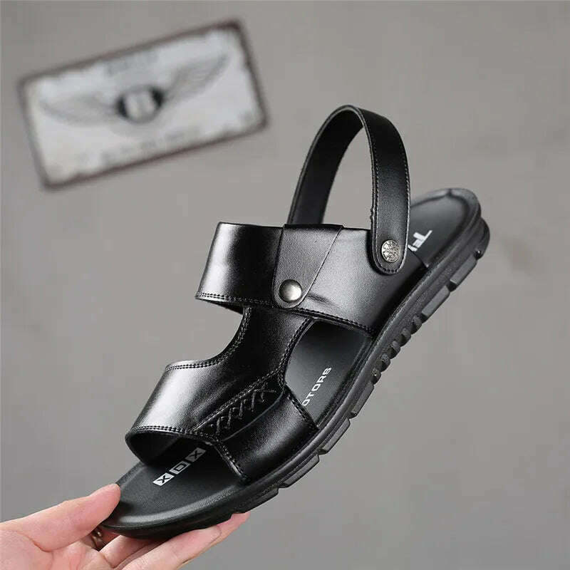 Yomior New 2020 Summer Men Shoes Flats Vintage British Slip-On Genuine Leather Casual Non-slip Beach Sandals Slippers Flip Flop - KIMLUD