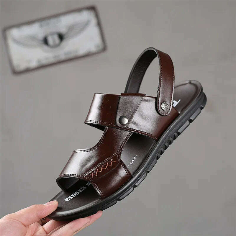Yomior New 2020 Summer Men Shoes Flats Vintage British Slip-On Genuine Leather Casual Non-slip Beach Sandals Slippers Flip Flop - KIMLUD