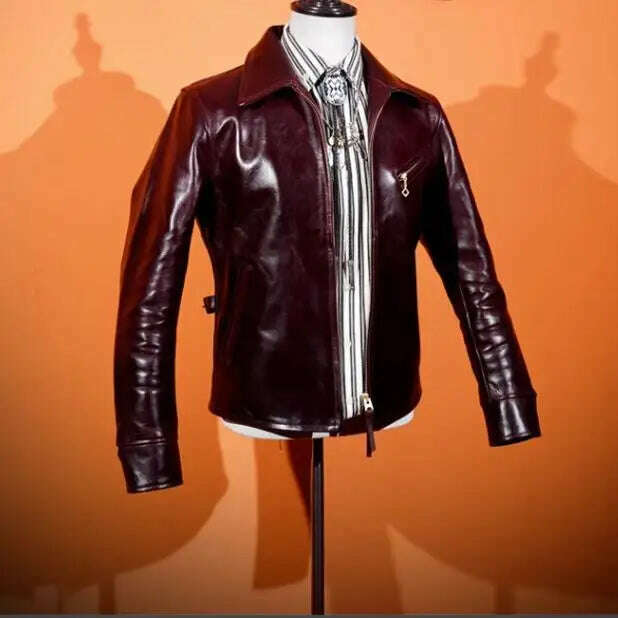 YR!Free shipping.Luxury oil top grain horsehide coat.Mens 1930 Rider leather jacket.Burgundy Vintage leather Can Wear 50 years - KIMLUD