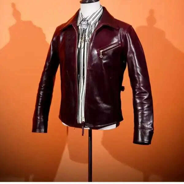 YR!Free shipping.Luxury oil top grain horsehide coat.Mens 1930 Rider leather jacket.Burgundy Vintage leather Can Wear 50 years - KIMLUD