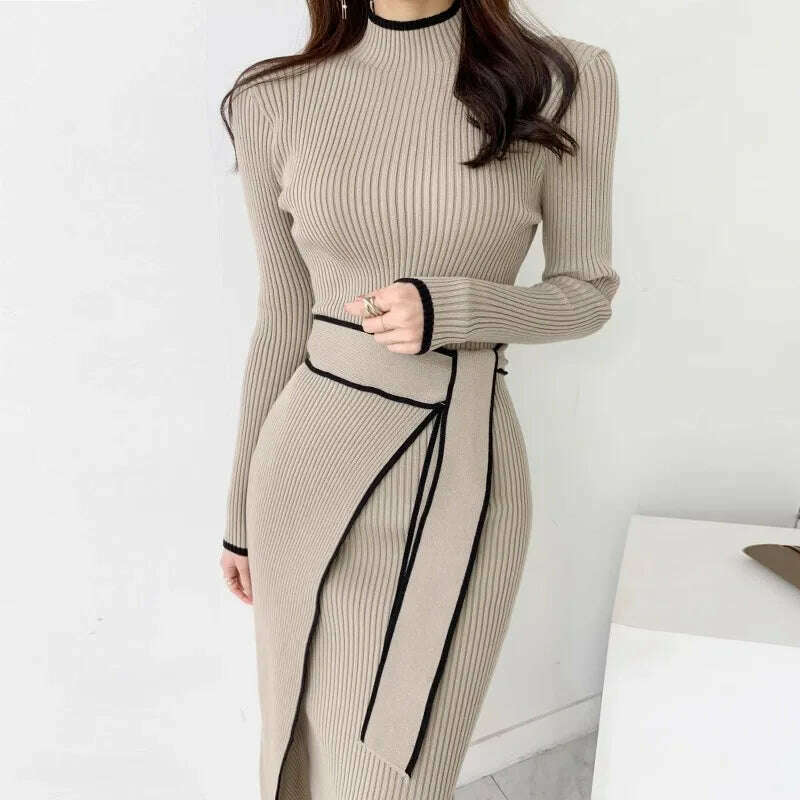 KIMLUD, YuooMuoo Elegant Lace Up Turtleneck Knitted Long Dress Korean Fashion Khaki Black Rib Bandage Bodycon Sweater Dress Robe Femme, KIMLUD Womens Clothes
