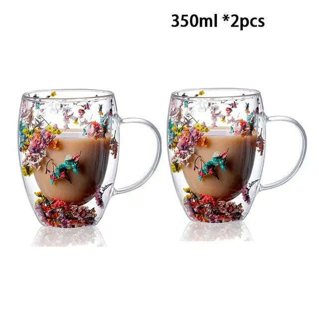 KIMLUD, YWDL 1/2pcs Double Wall Glass Cup With Handle Heat Resistant Tea Coffee Cups Espresso Milk Mug Gift, 2pcs 350ml A / 250-350ml, KIMLUD APPAREL - Womens Clothes